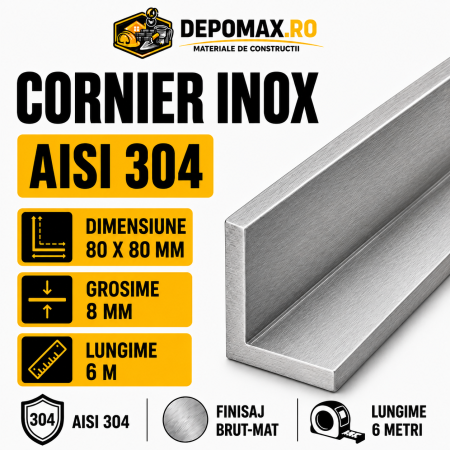 Cornier inox AISI 304, 80 x 80 x 8 mm, 6 metri